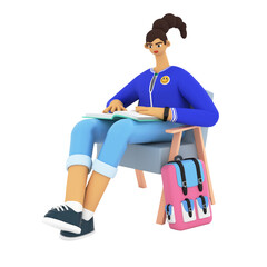 Education concept. Young woman is learning, reading and sitting on armchair. Female character researching information for examination. 3d render illustration.
