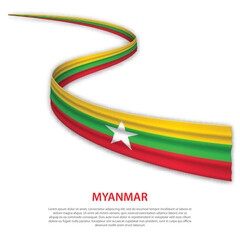 Waving ribbon or banner with flag of Myanmar