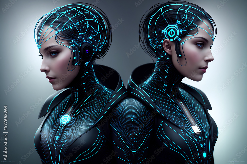 Poster futuristic concept of interaction between artificial intelligence and human being, machine learning,