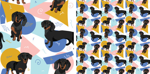 Dachshund dog summer pastel wallpaper. Holiday abstract circles, squares, spirals, confetti. seamless background, repeatable pattern. Birthday wallpaper, Christmas present, print tiles.Geometric style