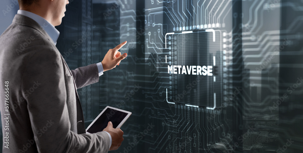 Poster clicking on the virtual screen: metaverse on processor icon. global internet connection metaverse