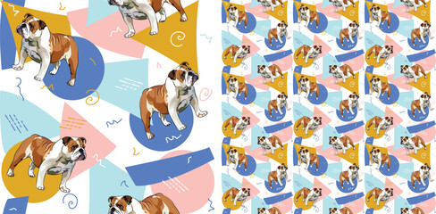 English Bulldog dog summer pastel wallpaper. Holiday abstract circles, squares, spirals, confetti. seamless background, repeatable pattern. Birthday wallpaper, Christmas present, print tiles.Geometric