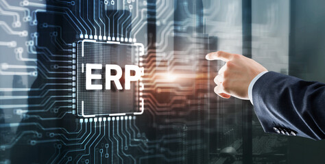 Tapping on the inscription Enterprise Resource Planning ERP Corporate concept. Abstract background on server room background