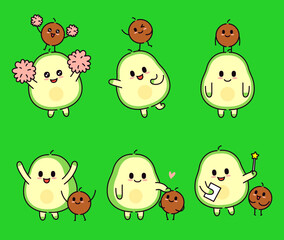 Avocado character couple's various movements, situations, and pose cuts. One is avocado seed and one is seedless avocado.
