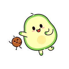 Avocado couple friends are raising their hands and greeting each other with great pleasure. One is an avocado seed and one is a seedless avocado.