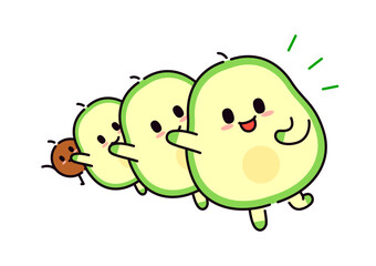 Several cute avocado characters are standing in a line and waving and welcoming.
