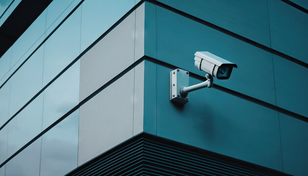 Security camera on the corner of a modern building. Based on Generative AI