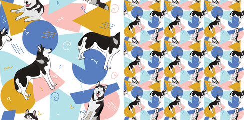 Husky dog summer pastel wallpaper. Holiday abstract circles, squares, spirals, confetti. seamless background, repeatable pattern. Birthday wallpaper, Christmas present, print tiles. Geometric style.