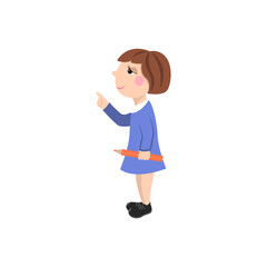 A girl in a dress with a pencil. Schoolgirl in class vector illustration. 