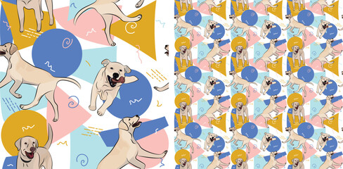 Labrador dog summer pastel wallpaper. Holiday abstract circles, squares, spirals, confetti. seamless background, repeatable pattern. Birthday wallpaper, Christmas present, print tiles. Geometric. Lab.