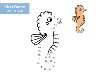 Number game. Dot to dot. Cute seahorse. Cartoon sea animals. Educational puzzle. Printable activity page for kids. Connect the dots and color. Vector illustration.