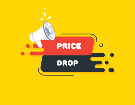 Falling prices. Vector, PR move, popularization, content, pricing policy, action, strategy, work, business, bright, loudspeaker, product, sales, market, advertising. Business concept. Illustration
