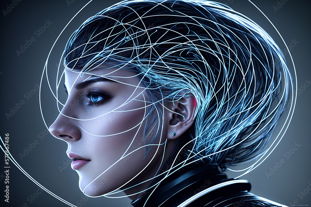Poster futuristic concept of interaction between artificial intelligence and human being, machine learning,