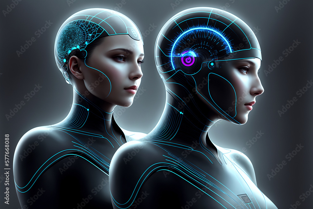Poster futuristic concept of interaction between artificial intelligence and human being, machine learning,