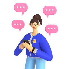 Business woman communicate with team with message icons around. Female person using mobile app for messaging and chat. Girl texting email in messenger. 3d render illustartion Isolated on background