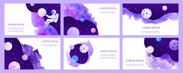 Set of web banners templates. Presentation. Space explore. Children cartoon vector illustration. Science. Horizontal banners. EPS 10 - 577668617