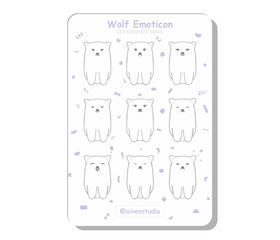 a wolf emoticon sticker sheet. 9 cute wolf emotes