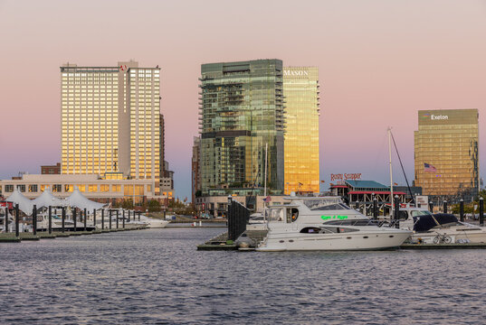 View Of Inner Harbor And Downtown Skyline Aerial In Baltimore, MD