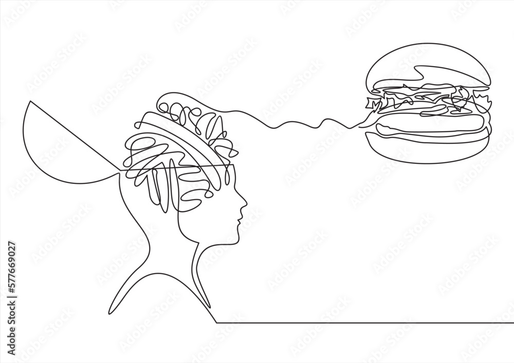Poster head think hamburger sign. fast food symbol. junk food. vector.continuous simple line draw style des
