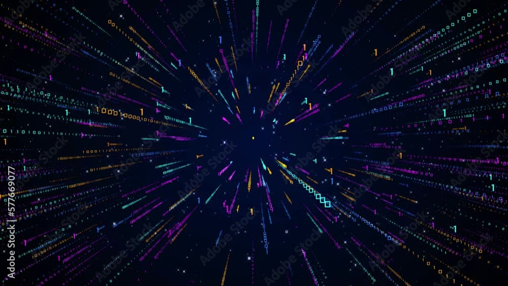 Poster abstract motion data transfer blue purple orange shiny binary digital number 01 burst matrix style h