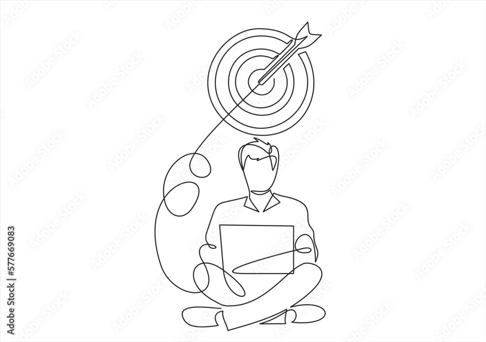 Poster businessman seated in lotus position with laptop and target.continuous simple line draw style design