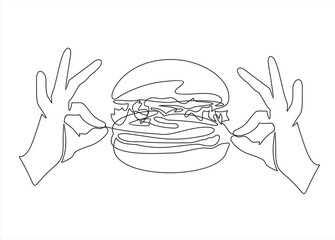 Continuous one line drawing of Hands hold a burger. Hamburger or sandwich outline sketch. Fast food concept. Vector illustration.