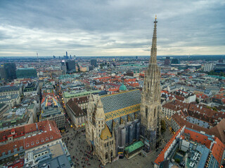 St. Stephen's Cathedral in Vienna, Austria. Roof and Cityscape in Background.