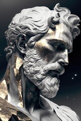 Fototapeta na wymiar Statue stoïcienne en marbre sculpté aux accents dorés. Personne grecque antique dépeignant le stoïcisme.