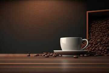 Coffee Background Coffee Cup Coffee Beans on Table with empty copy space for text - Coffee Background Series - Coffee Wallpaper Background created with Generative AI technology