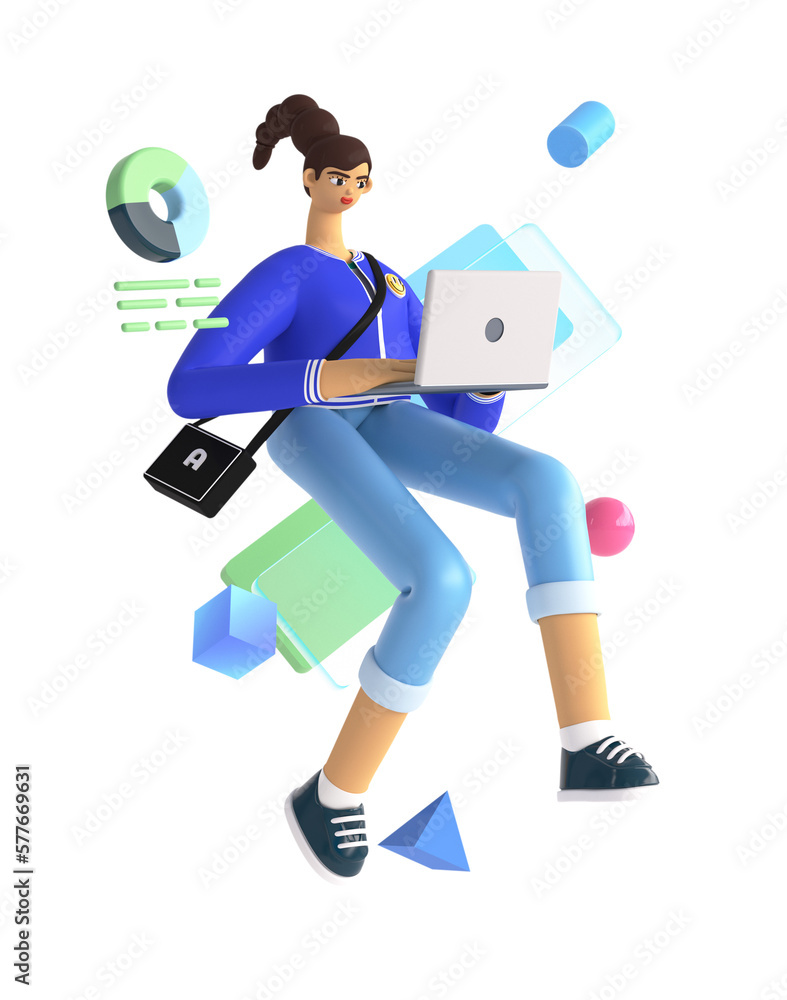 Wall mural 3D abstract illustration of creative woman flying in space and working. Online education, remote working, marketing, blogging, strategy  and social media concept. Rendering image on white background.