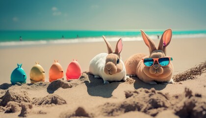 Fototapeta na wymiar cute bunny easter eggs on beach, Generative AI