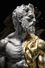Fototapeta na wymiar Statue stoïcienne en marbre sculpté aux accents dorés. Personne grecque antique dépeignant le stoïcisme.