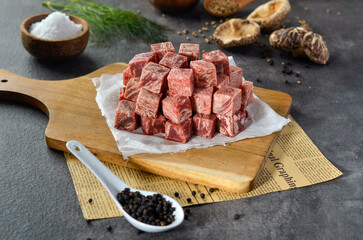 Raw Saikoro Cube Meat isolated on gray background
