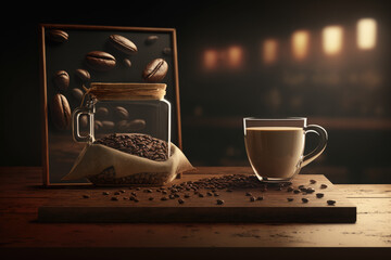 Coffee Background Coffee Cup Coffee Beans on Table with empty copy space for text - Coffee Background Series - Coffee Wallpaper Background created with Generative AI technology