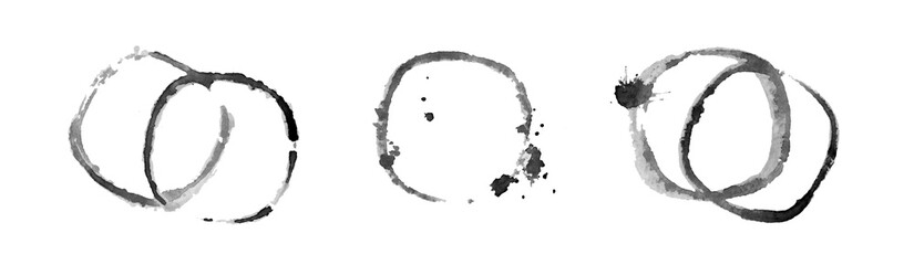 Set of round frames painted rough brush. Black templates. Grunge. Watercolor illustration.