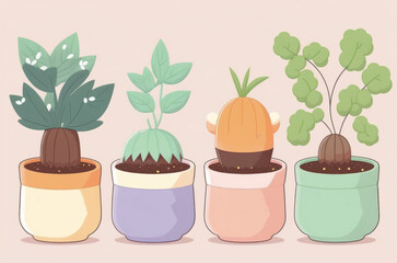 Fototapeta premium Cute illustration small plant in pots colorful color background. Generative ai.