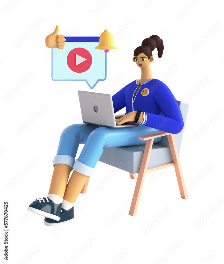 Wall mural 3D abstract illustration of creative woman sitting and creating video or reels. Online education, remote working, marketing, blogging and social media concept. Rendering image on white background.