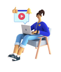 3D abstract illustration of creative woman sitting and creating video or reels. Online education, remote working, marketing, blogging and social media concept. Rendering image on white background.