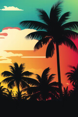 Summer card poster flyer invitation card. Tropical background with palms, sky and sunset. Generative ai.