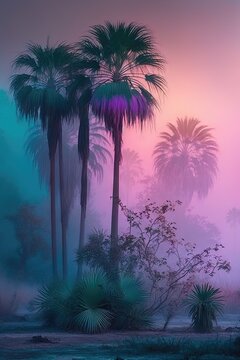 Un punk tropical avec un dégradé de couleur dans la brume aux palmiers sauvages.