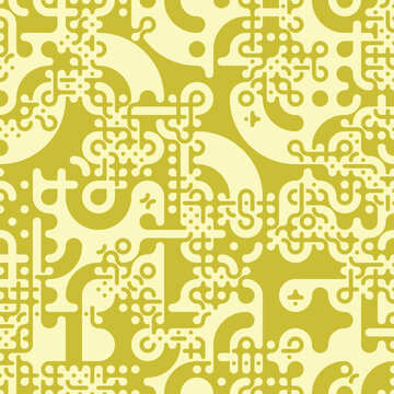 Seamless pattern of Truchet tiling. Repeating geometric shapes in shades of yellow or gold. Creative coding computational design.