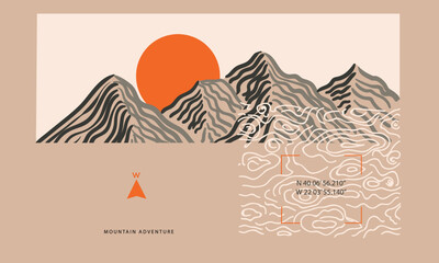 Mountain adventure print design for t shirt and others. Wooden texture graphic artwork for sticker, poster, background.