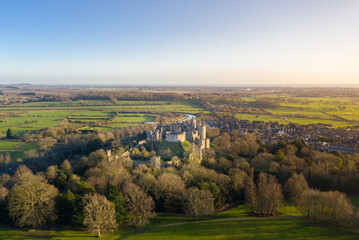 Fototapeta na wymiar Arundel Castle in Arundel City, West Sussex, England, United Kingdom. Bird Eye View, Drone Point of View. Landscape