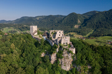Fototapeta na wymiar Celje Castle is a castle ruin in Celje, Slovenia, formerly the seat of the Counts of Celje. It stands on three hills to the southeast of Celje, where the river Savinja meanders into the Lasko valley