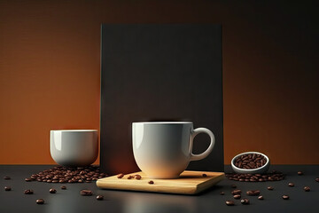 Obraz na płótnie Canvas Coffee Background Coffee Cup Coffee Beans on Table with empty copy space for text - Coffee Background Series - Coffee Wallpaper Background created with Generative AI technology