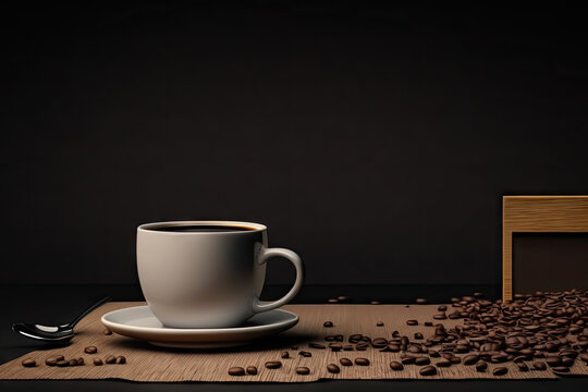Coffee Background Coffee Cup Coffee Beans on Table with empty copy space for text - Coffee Background Series - Coffee Wallpaper Background created with Generative AI technology © Sentoriak