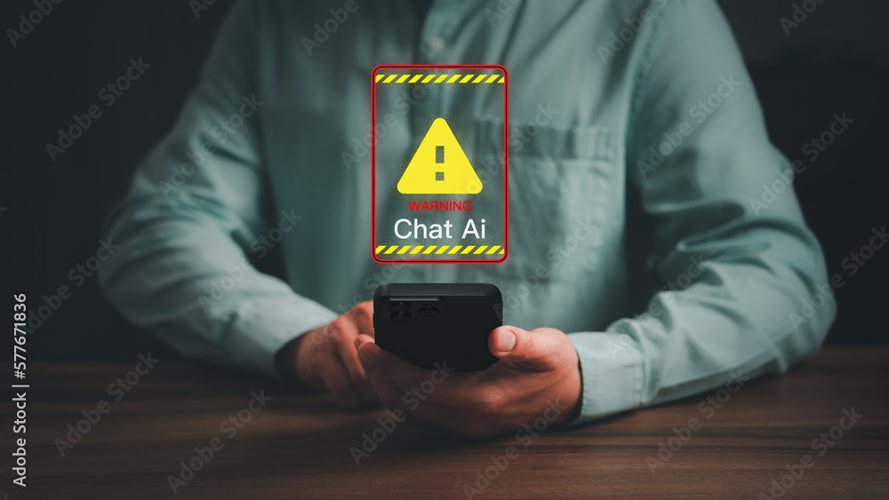 Poster Chat with AI, Artificial Intelligence. Adult man using smartphone chatting with a smart AI using an artificial intelligence chatbot with triangle caution warning sign for notification error concept.