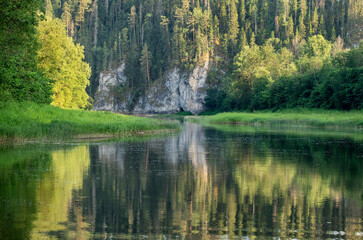 Southern Urals in summer, mountain river Zilim near the Kinderlin cave.