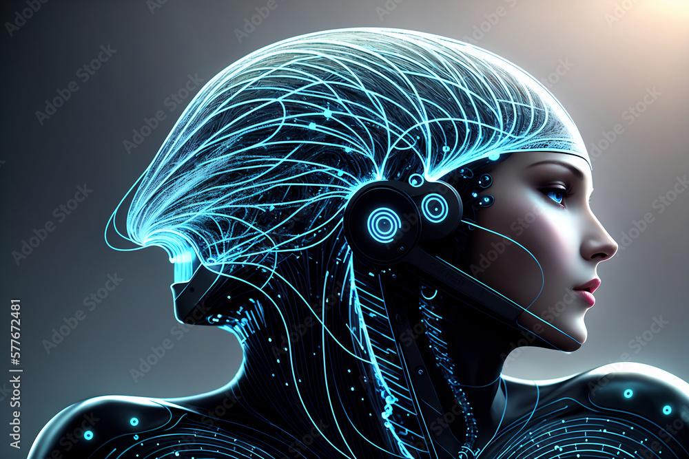 Poster futuristic concept of interaction between artificial intelligence and human being, machine learning,