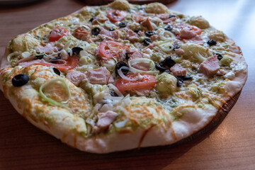 Pizza with Mushroom, Garlic, Onion and Pork Meat